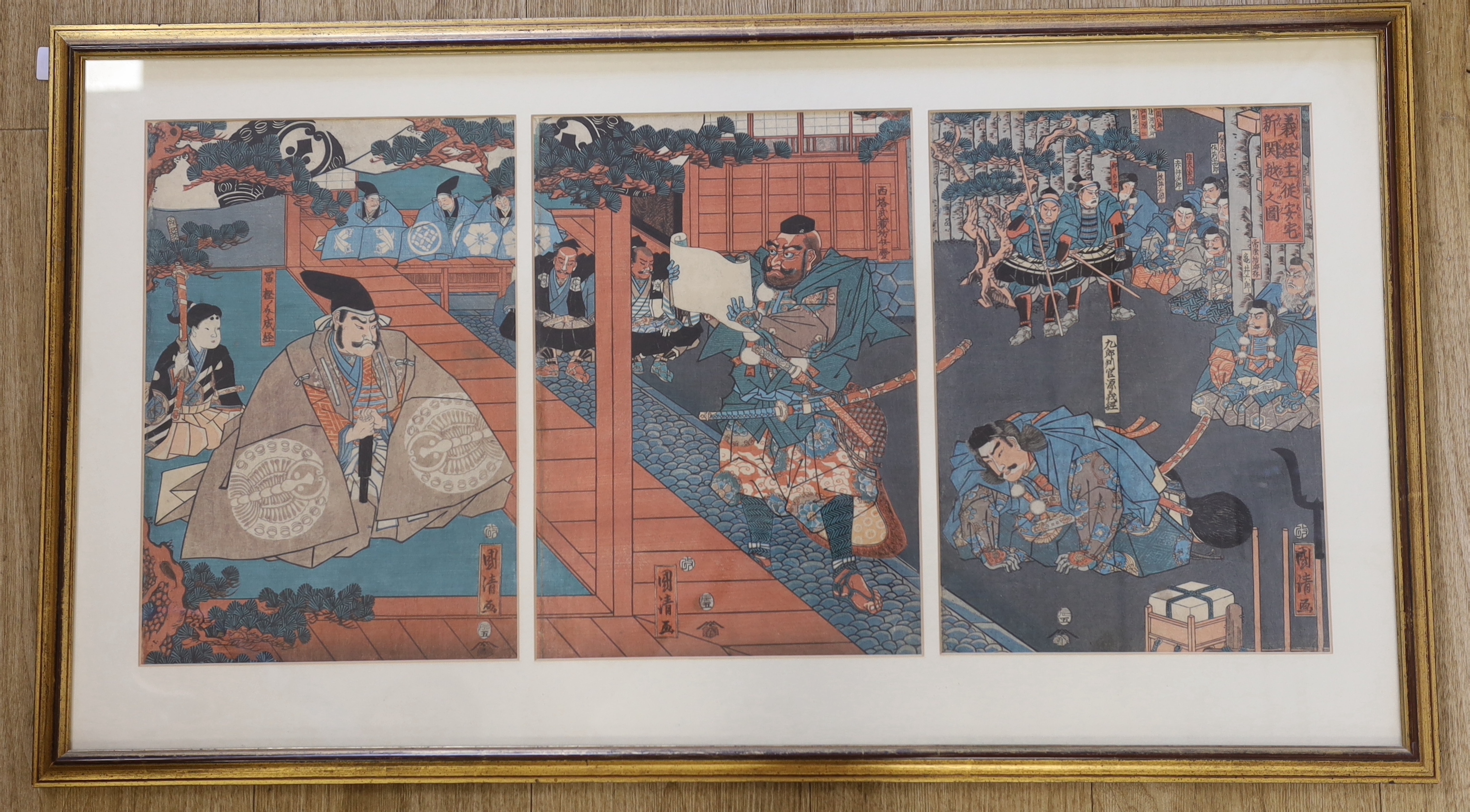 Utagawa Kunikiyo, Japanese woodblock print triptych, 'Ataka-No-Seki', each print 35 x 24cm, framed as one